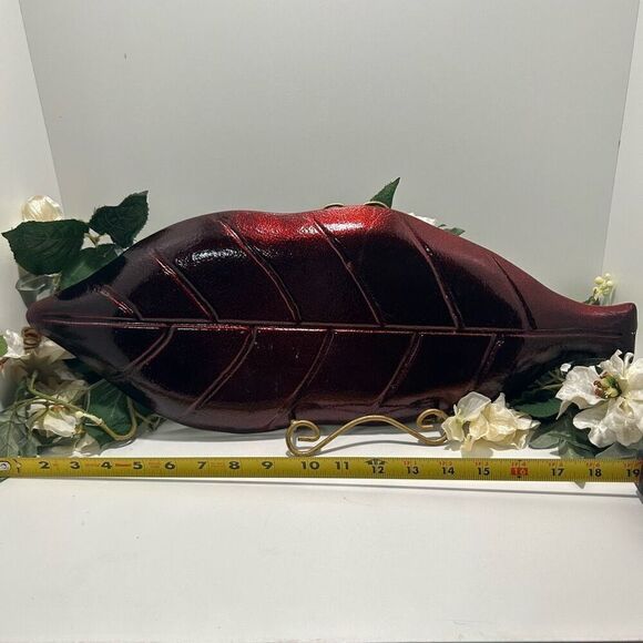 Vintage Glass Leaf Decorative Serving Tray 20” Gold-tone & Red Two-tone - Picture 5 of 6
